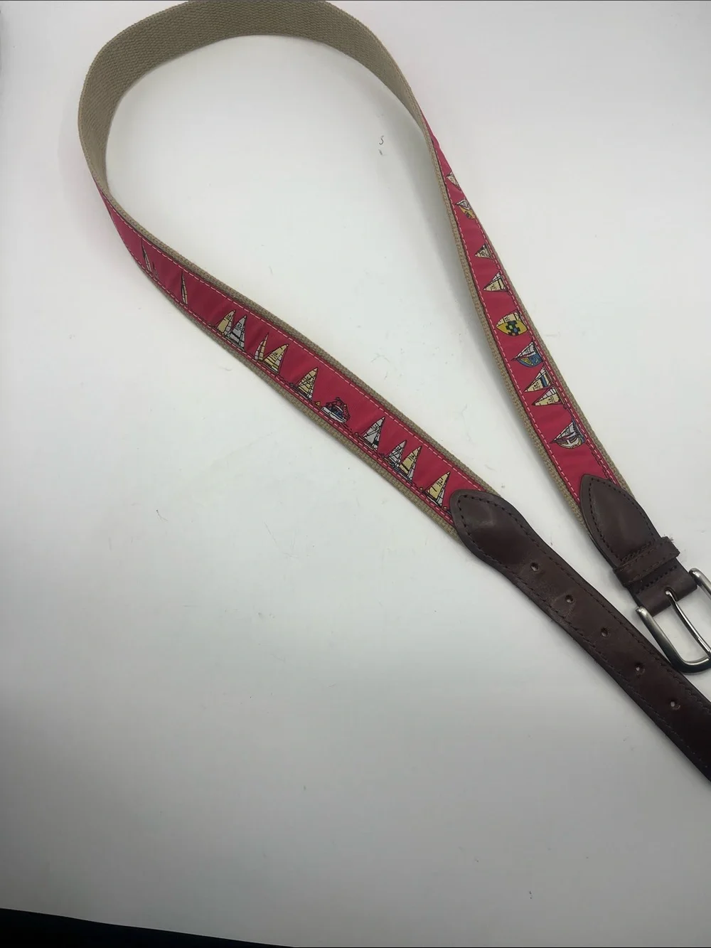 Men's Canvas Belt with Red Sailboat Ribbon and Brown Leather Trim